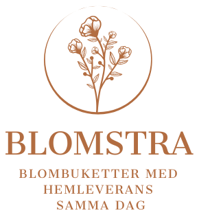 Logga för företaget föreställande blommor i en ram med tillhörande text under "blomstra blombuketter med hemleverans samma dag"